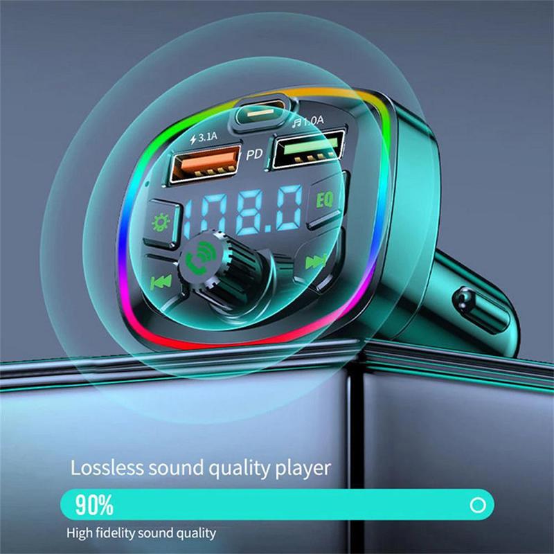 Car Bluetooth 5.0 Charger Fm Transmitter Pd 18W Type-C Dual Usb Colorful Ambient Light Cigarette Lighter Mp3 Music Player