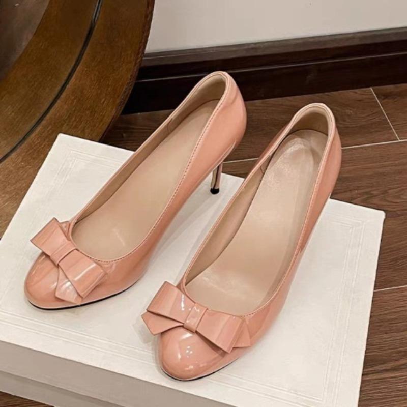 Jesień Nowe Okrągłe Palce Płytka Kokarda Wsuwane Antypoślizgowe Odporne na Ścieranie Wysokie Obcasy Szpilki Pojedyncze Buty