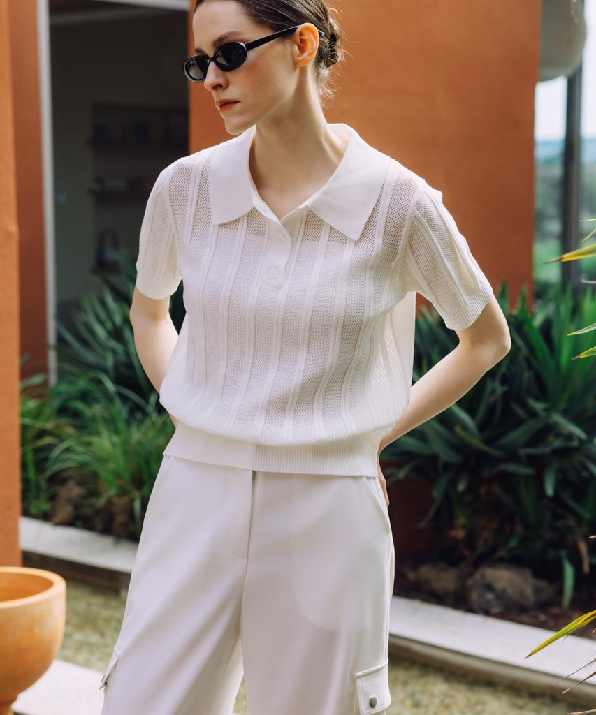 OBER GOLF Airy Stripe Collar Knit (White)