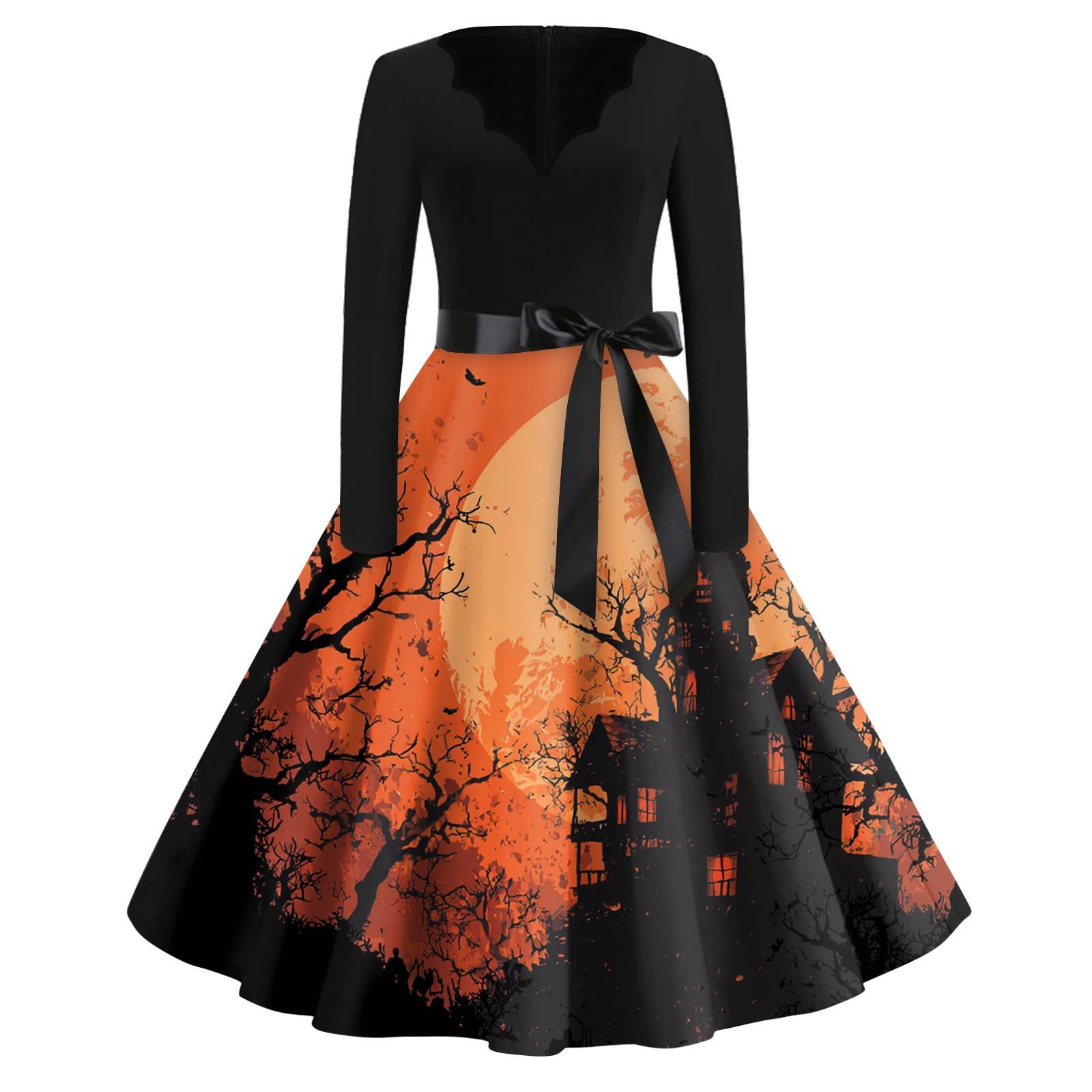 

Женская мода с v-образным вырезом, повседневные тонкие платья с длинными рукавами и принтом на Хэллоуин XXL шафрановый