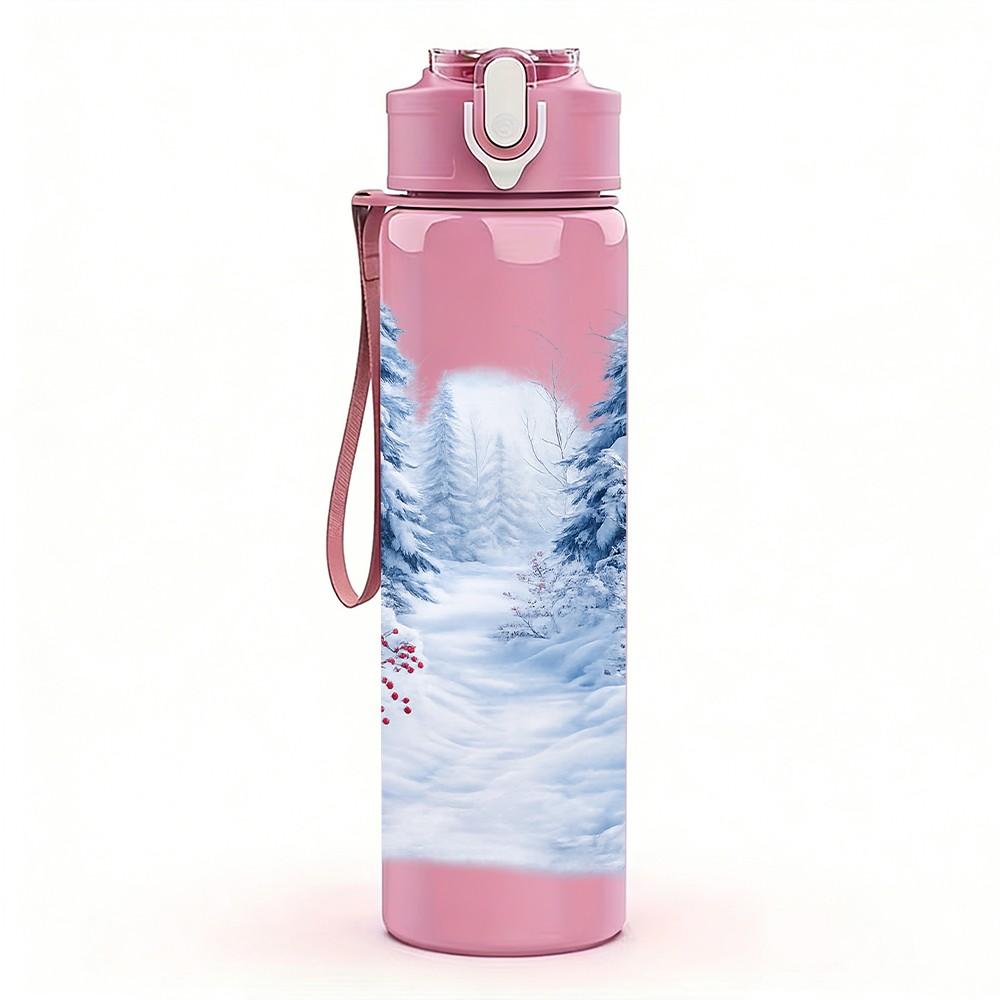 1PC Snow Mountain Waterfall Landscape Print 750ml Color Plastic Sports Water Bottle Leakproof Flip Straw Lid Suitable for Sports Office Home Use