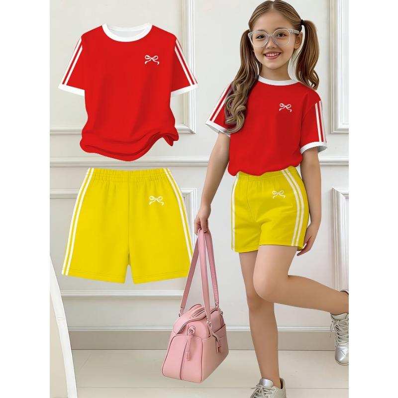Kids Clothes Girls, 2pcs Set, Easy Bow Print Short Sleeve T-Shirt And Shorts Set, Suitable for Spring and Summer, Y2K Fashion