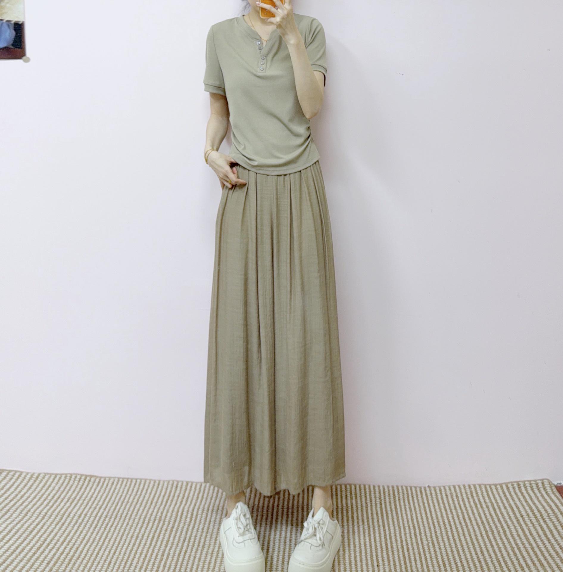 

Summer 2026 Elegant V-Neck Waist-Cinching Top & Wide-Leg Pants Set XXL (64-70 kg) хакі