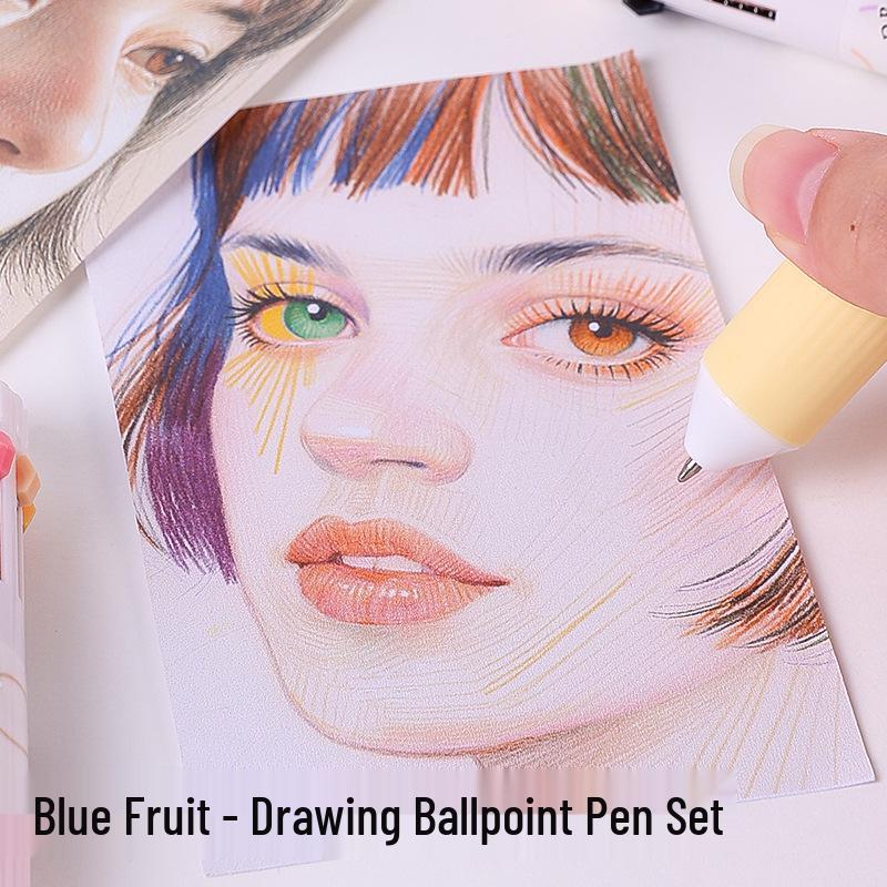 Blue Fruit 60-Color Press-Type Multicolor Ballpoint Pen Set – Ten-Color All-in-One Multifunctional Journal Pen.