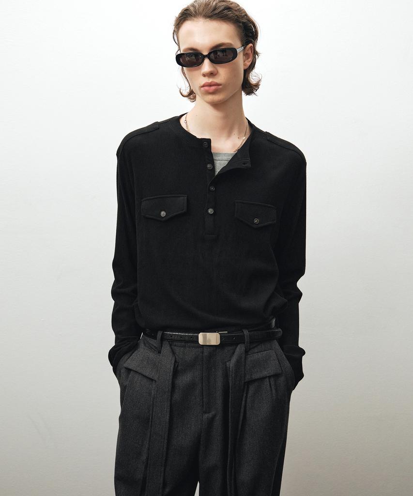 NOIRER Ribbed Henley Neck Long Sleeve T-Shirt (Black)