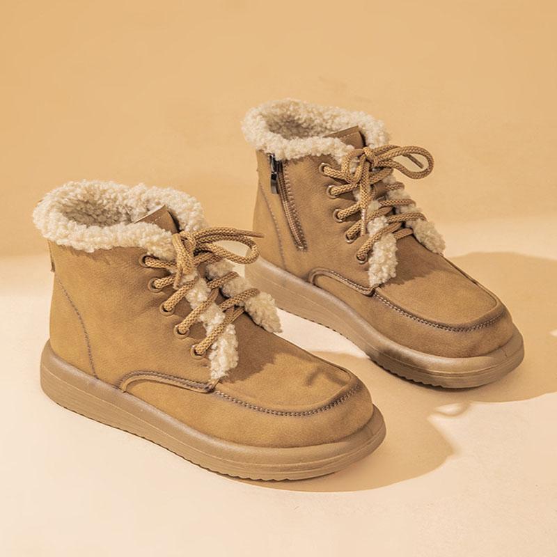 Women Snow Boots Genuine Leather Winter Boots Lace-up Lamb Wool Warm Winter Ladies Shoes Round Toe Flat Short Boots WSH5243