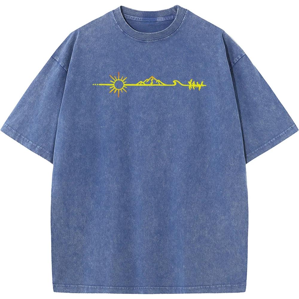 Gold Mountains Men's Short-Sleeved T-shirt 230g Fashion Casual Washed T-Shirt Vintage Summer Cotton Tshirt