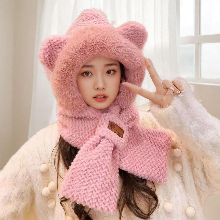 Cute Shiba Inu Long Ear Plush Winter Hat Scarf Set for Girls, Warm Two-Piece Cartoon Outfit