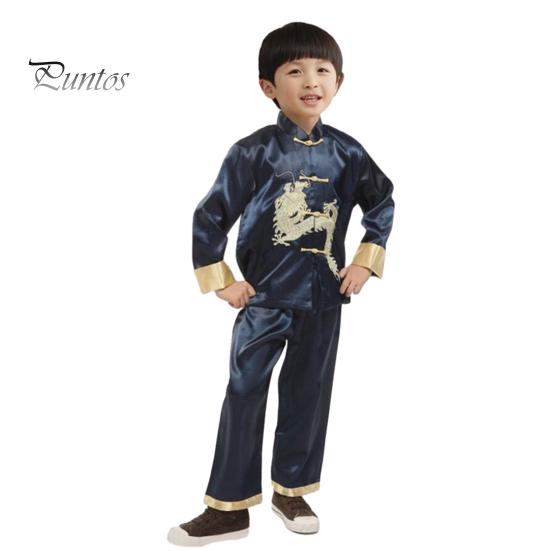 2Pcs/Set Kids Tang Suit Traditional Chinese Dragon New Year Stand Collar Long Sleeves Top Elastic Waist Pants Wing Chun Tai Chi Uniform Boys Clothing