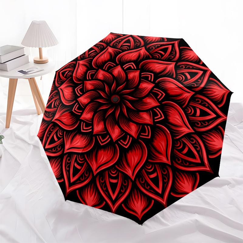 1pc Red Lotus Mandala Umbrella with Plastic Handle,Compact & Stylish,Suitable for All Seasons YS331066