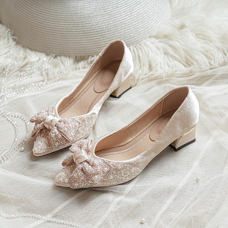 French Pointed Thick Heel Single Shoes Women's Gentle Rhinestone Bow Spring and Autumn Shallow Mouth Not Tired Feet Temperament Medium Heel High Heels