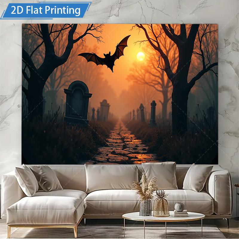 1pc Wall Tapestry Gothic Cemetery Tapestry with Bat and Sunset, Halloween Decor Art