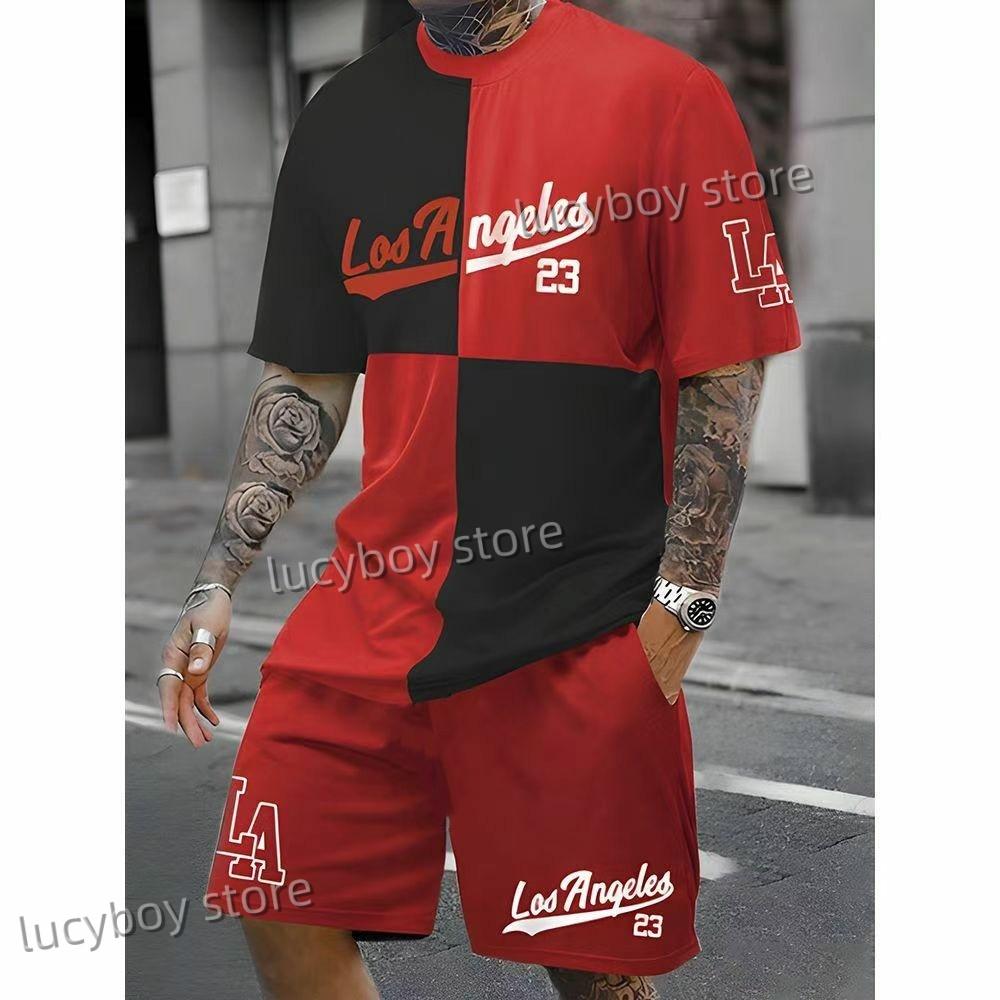 

Комплект из 2 предметов, мужской костюм с принтом 3D Los Angeles, свободная одежда, шорты с коротким рукавом, мужской спортивный костюм, летний повседневный костюм 6XL