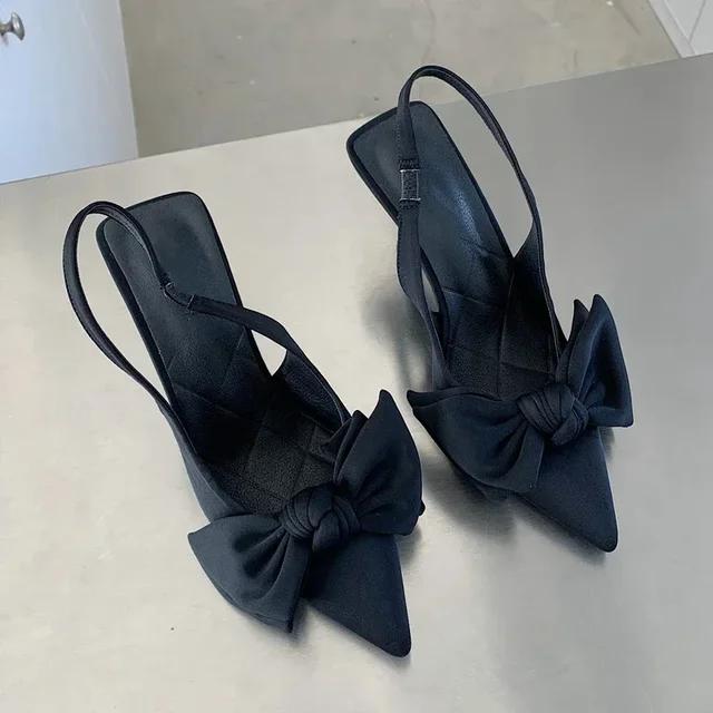 2025 New Baotou High Heel Sandals for Women's Fashion Bow Pointed Fine Follow Shoes Elegant and Elegant High Heel Shoes