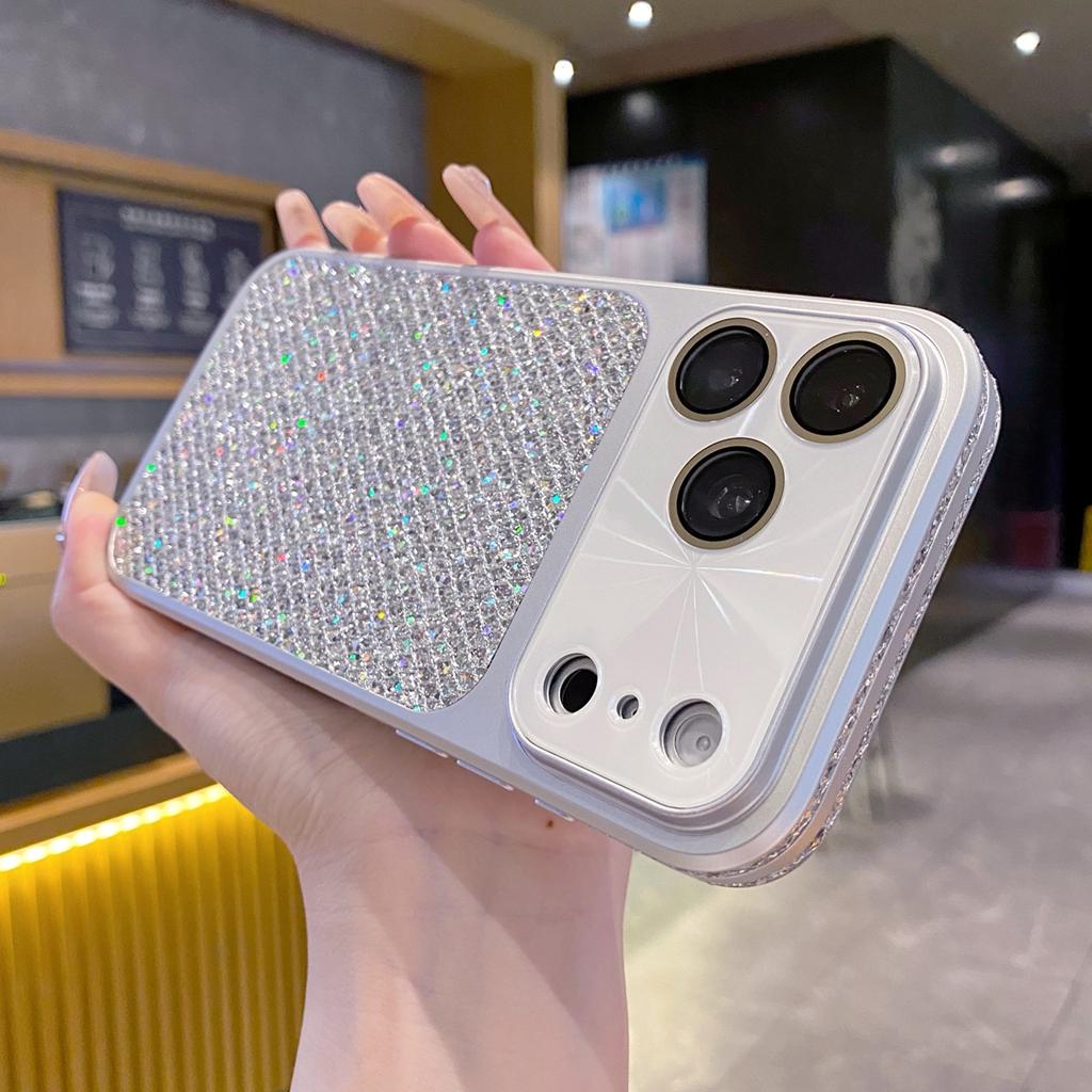 Fashion Blingbling Glitter Small Grid Pattern Window With Camera Glass Film Phone Cover Case for iPhone 17 16 15 14 13Pro Max