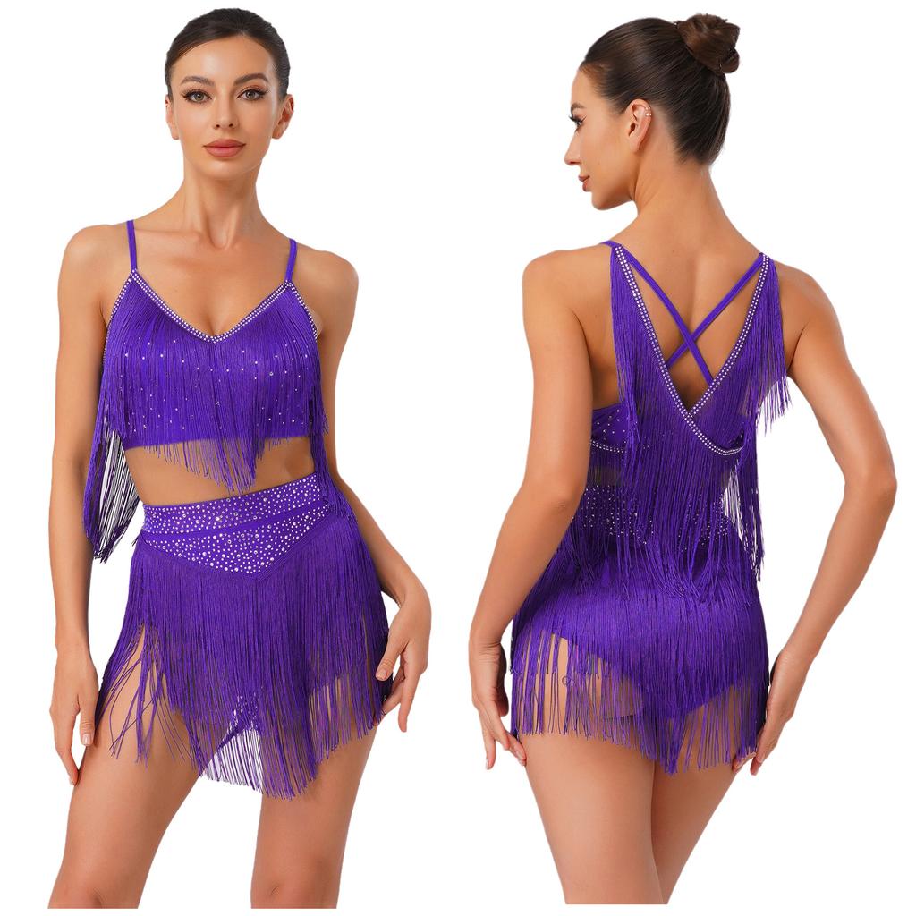 Costume da Danza Latina da Donna S-XXL: Top con Scollo a V Senza Maniche Incrociato sulla Schiena e Frange & Gonna a Strati con Nappe per Gara