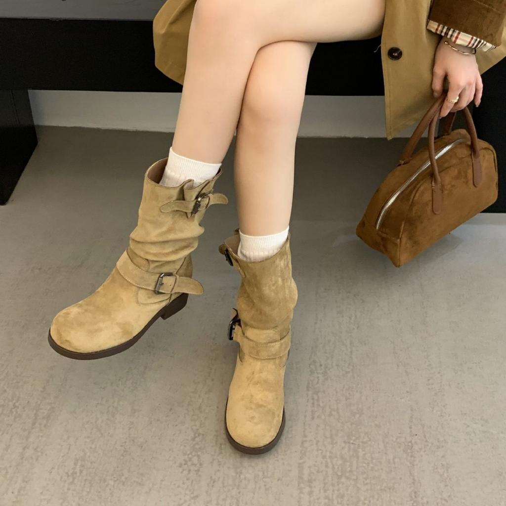 2025 autumn and winter round head Martin boots women's Spice Girls medium tube belt buckle retro Maillard cowboy boots short boots women