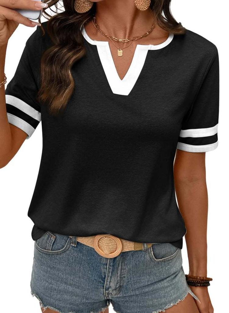 European and American Women's Summer Top V-neck Short-sleeved T-shirt Color Matching Casual T-shirt