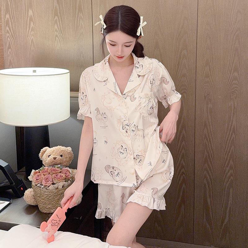 Summer ice silk pajamas women s imitation silk lapel lace cardigan set printed women s wear ice and snow silk loungewear M