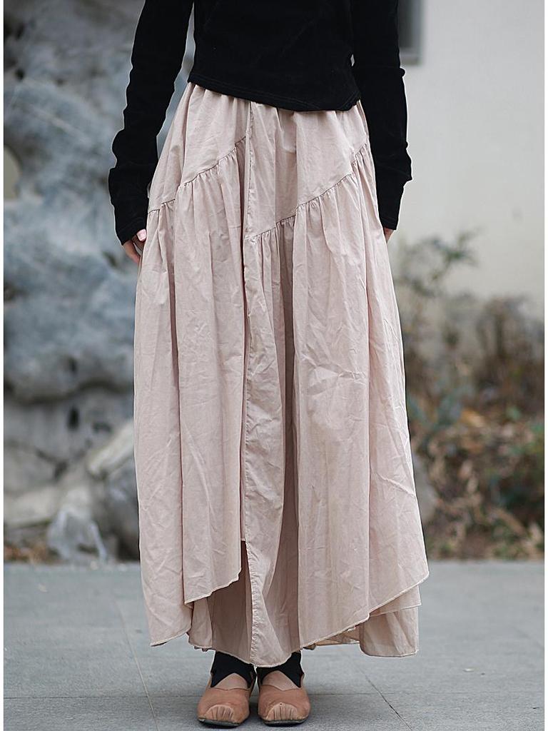 25 Small Warm Spring-Summer All-Cotton Irregular Swing Long Skirt, Literary Cotton-Linen Half-Body Skirt with Elastic Waist, Retro Style
