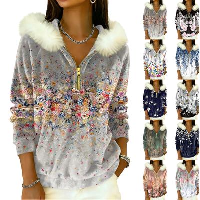 Top Feminino Casual de Moda Solto e Confortável com Capuz e Meio Zíper, Manga Longa, Estampa Convencional