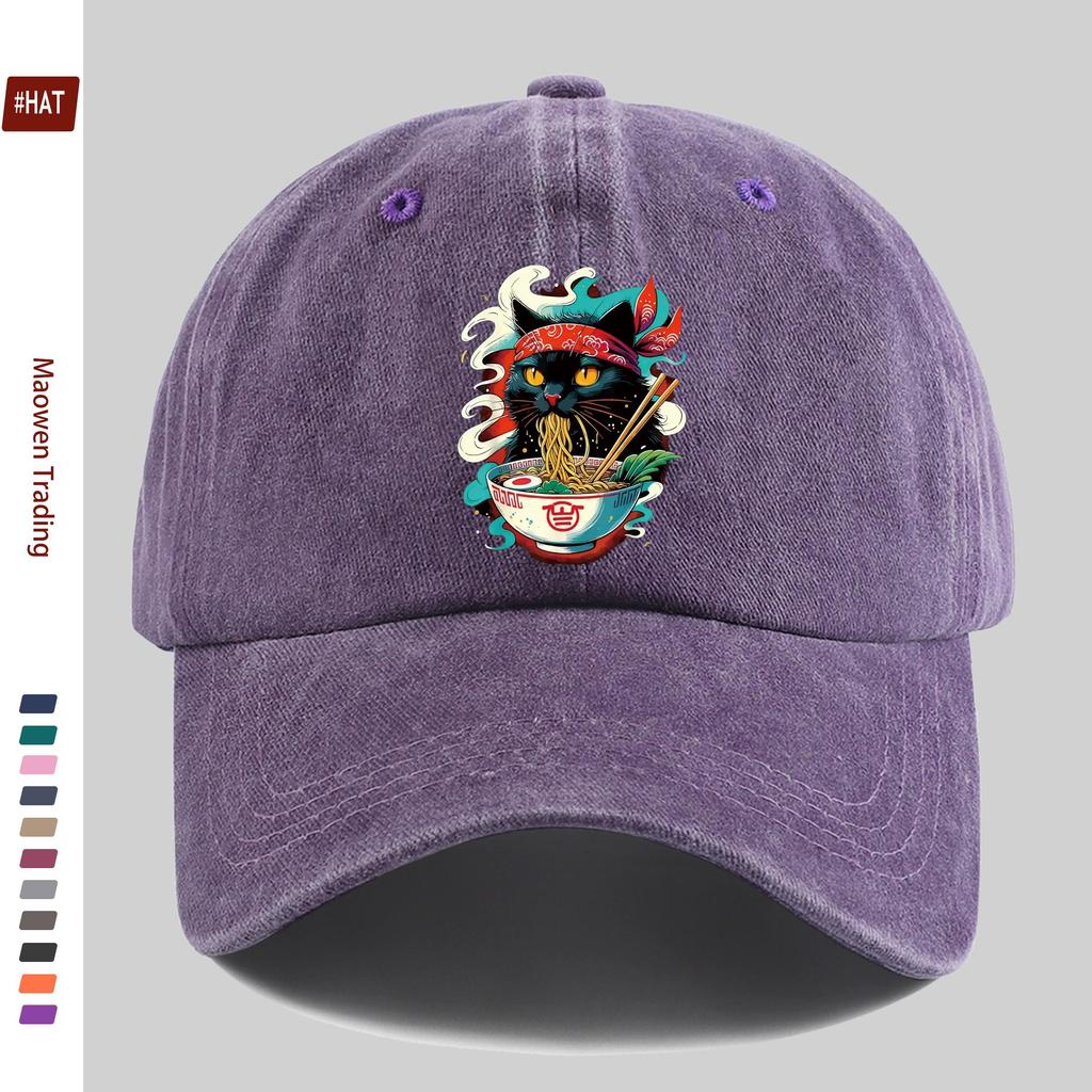 pc Japanese Anime Cat Ramen Print Trucker Cap Adjustable Buckle Strap Washed Baseball Hat Suitable for Men Women Vintage