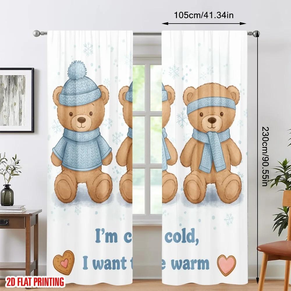 2pcs Cartoonish Bear Print Curtain   Room Darkening Window Treatment   Polyester   Xmas Decor   Home Decor   Rod Pocket Curtain