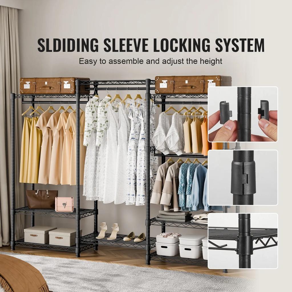 VEVOR Heavy Duty Clothes Rack, Rolling Clothing Garment Rack with 4 Hang Rods & 8 Storage Tiers, Adjustable Custom Closet Rack