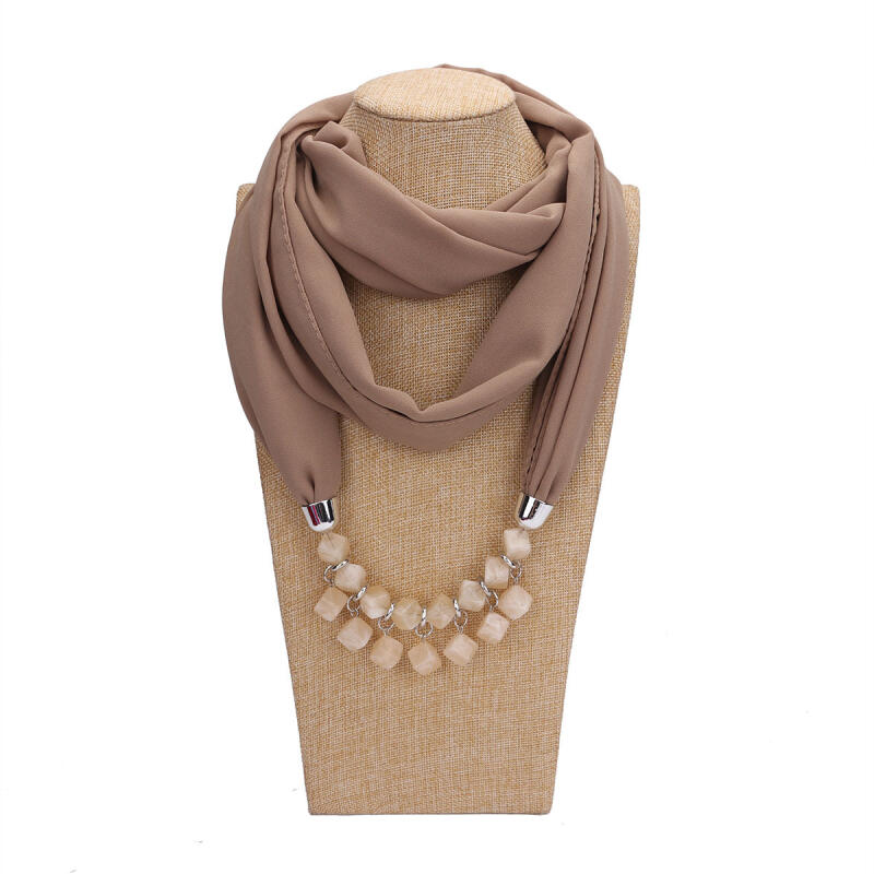 Bold Red Chiffon Scarf Necklace with Cubic Beads – Fashionable Infinity Scarf for Women, Statement Jewelry Accessory