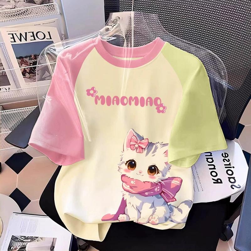 T-shirt Stampata con Grafica di Gatto Cartone Animato per Ragazza Estiva Casual da Donna per Bambini a Maniche Corte Abbigliamento