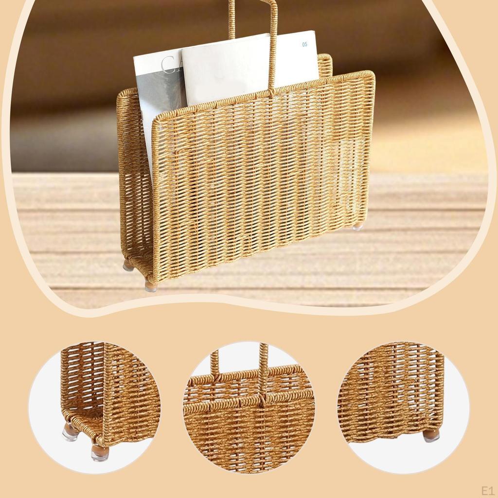 Magazine Rack Display Stand Books Storage Woven Basket Rattan Vinyl Album Organizer Standing