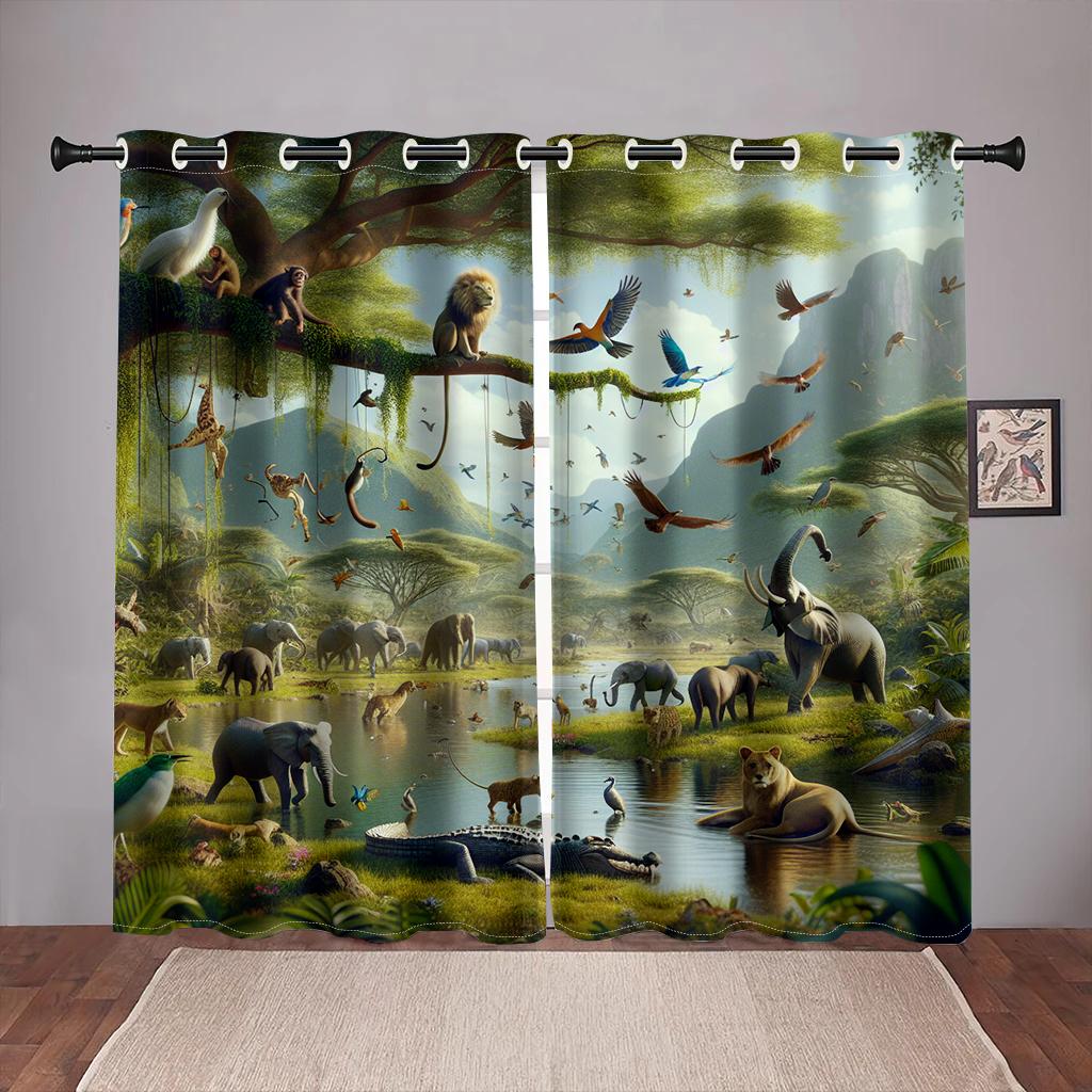 Afrikanisches Cartoon-Tier Elefant Kinder Günstiger Fenstervorhang Jalousien Perfekt für Familienzimmer Kinderzimmer Badezimmer Küche Tür Heimdeko W65X60H(cm)X2Pcs&Hook