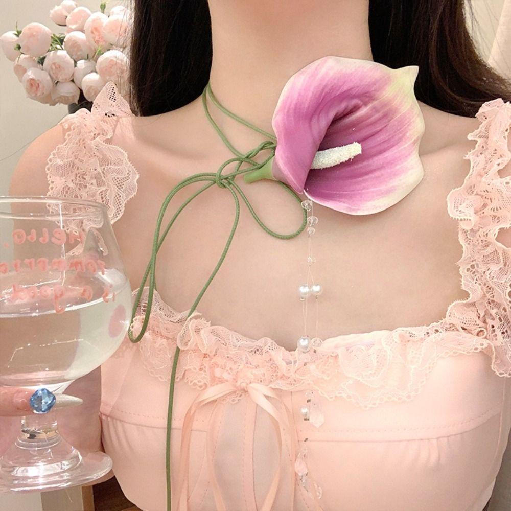Elegant Floral Clavicle Chain Unique Flower Choker Necklace Zantedeschia Necklaces  For Women Girls