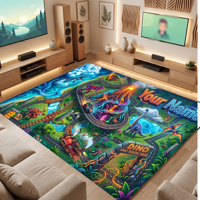 Dinosaur Theme Soft Crystal Velvet Rug Custom Name & Text Print Non Slip Floor Rug for Bedroom Living Room