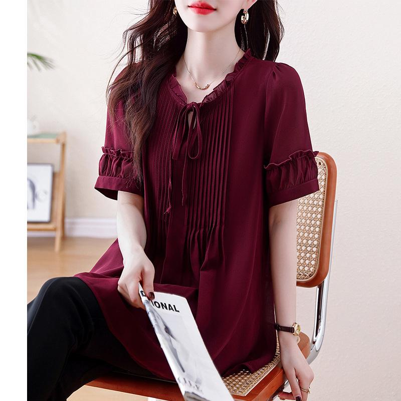 

2026 Summer New Plus Size Women s Clothing: Tummy-concealing, Slimming, Stylish, Age-reducing Chiffon Short Sleeve Top L вино красного