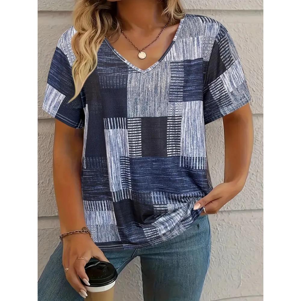 Summer plaid women's V-neck T-shirt outdoor casual short-sleeved top
