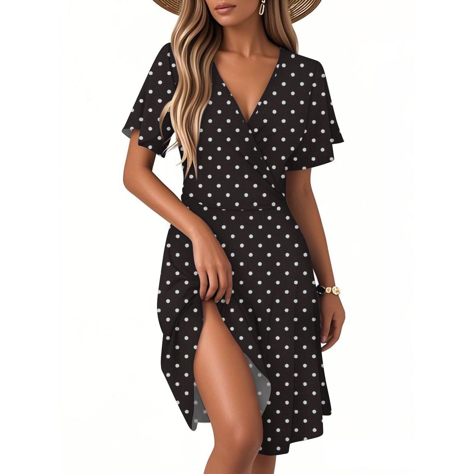 

Женское повседневное модное платье с винтажным цветочным принтом и коротким рукавом и V-образным вырезом M чёрный