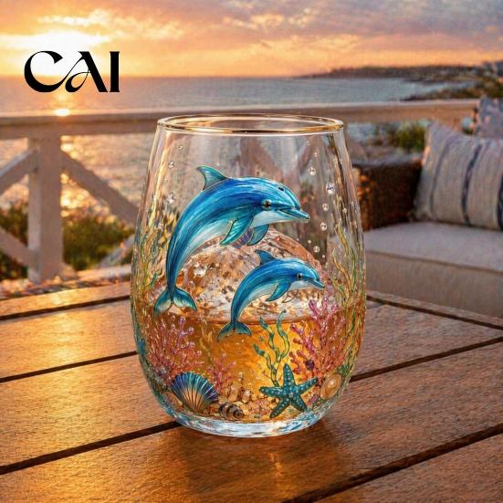 Birthday Souvenir for Ocean Lovers Ocean-Themed Glass Cup, Jellyfish/Dolphins/Sea Turtles/Octopus Hand-Painted, Thickened Drinking Creative Jellyfish