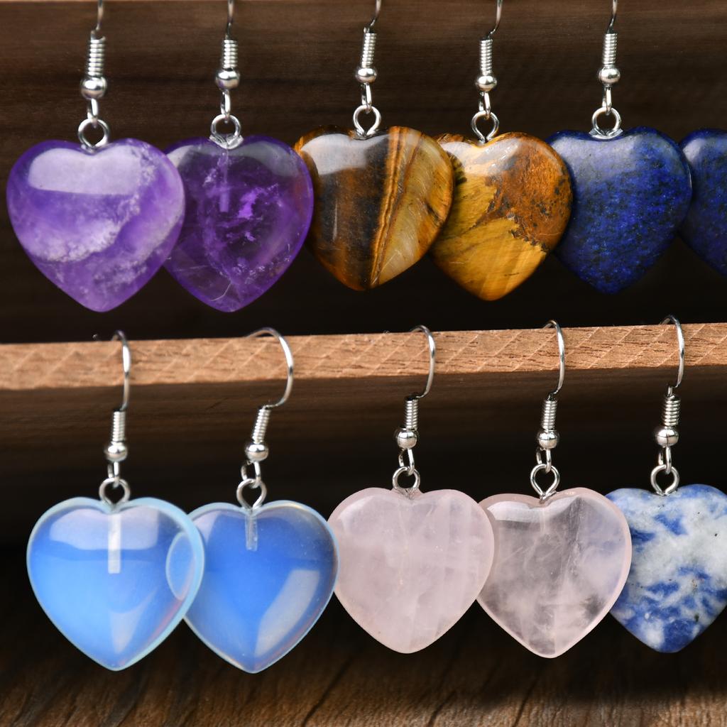 Bohemian Natural StoneTurquoise Amethyst Tiger Eye Heart Dangle Earrings Women's Popular Delicate Handmade Zircon