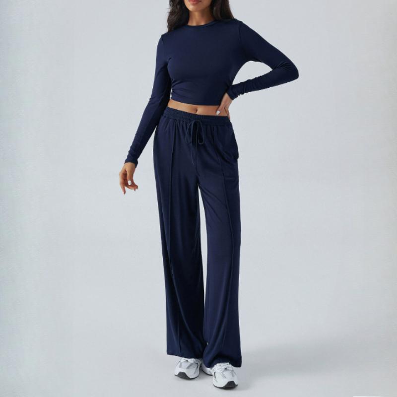 

Женский повседневный спортивный костюм из двух частей: Кроп-топ с круглым вырезом и длинными рукавами, однотонные базовые брюки-джоггеры, спортивные наряды для тренировок XS