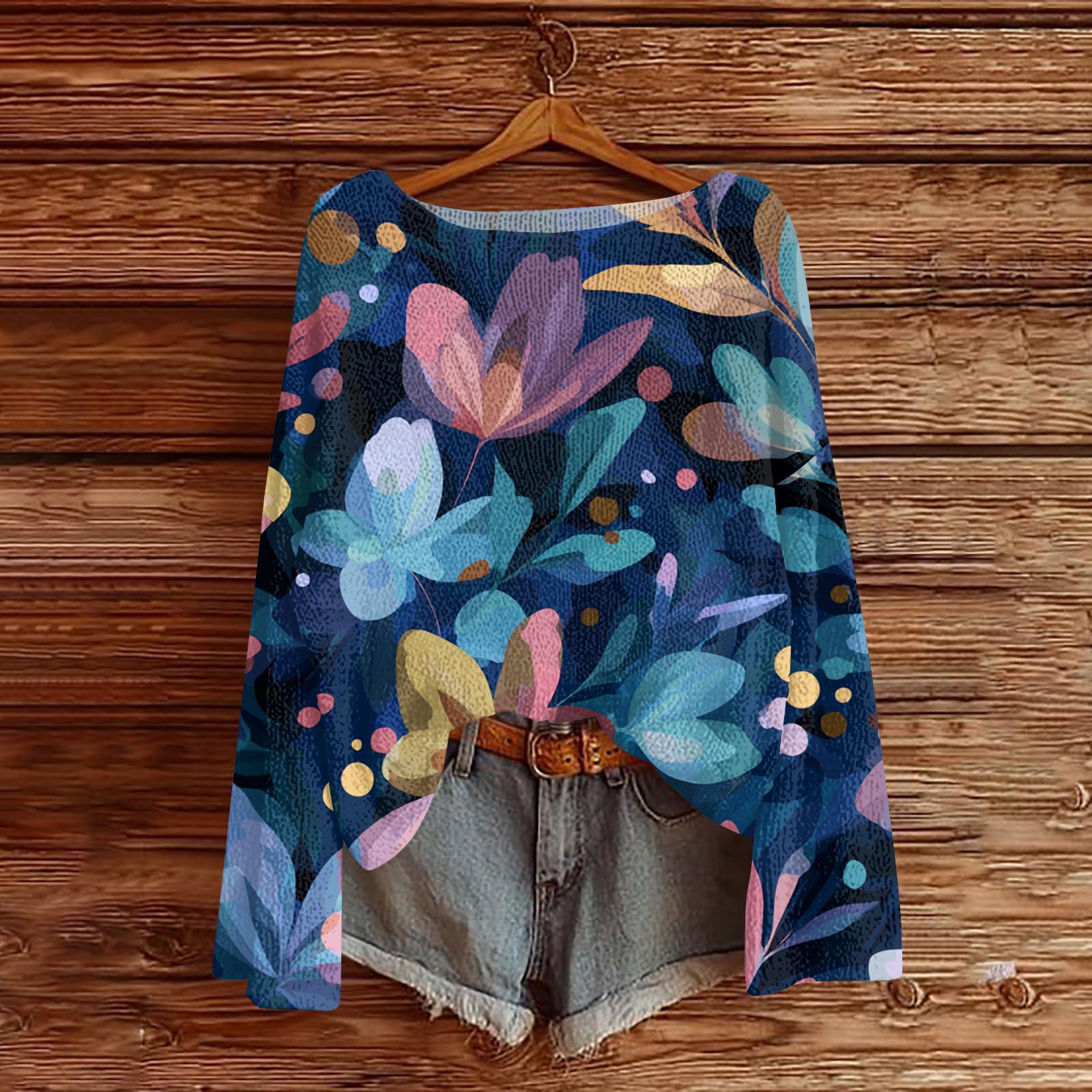 

Женский легкий свитер повседневный с длинным рукавом вязаный винтажный с цветочным принтом пуловер L синий