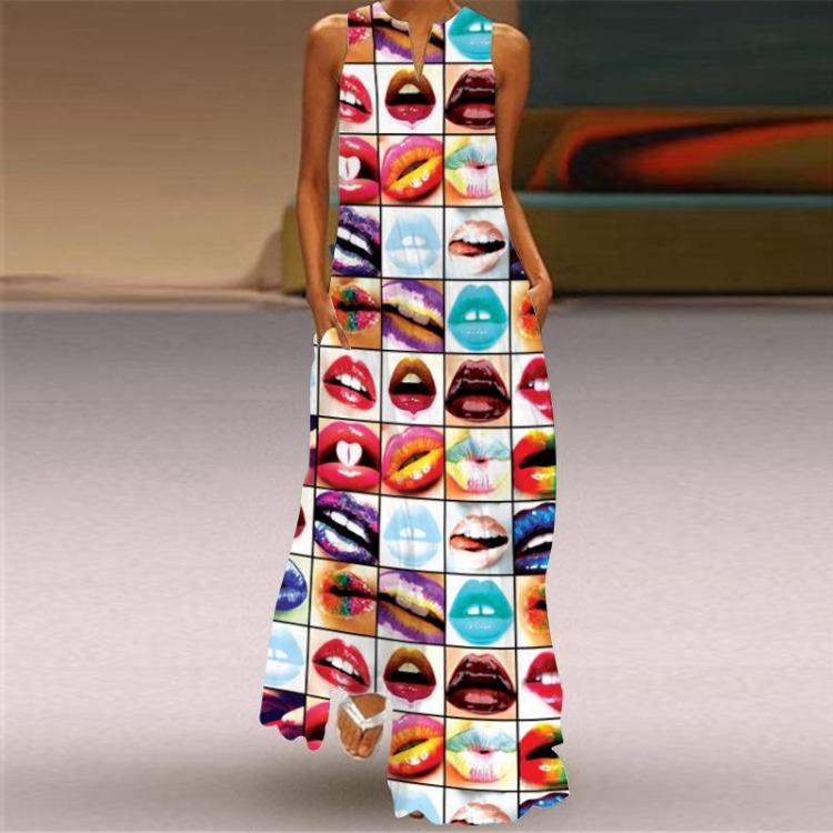 Retro Fashion Multicolor V-Neck Sleeveless Long Skirt Dress