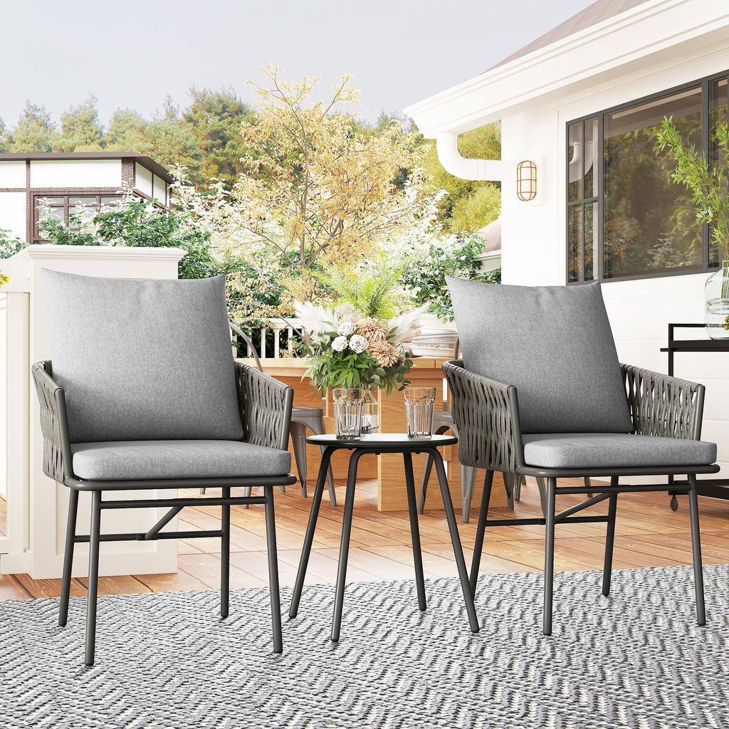 3-Piece Rattan Bistro Set, Garden Table and Chairs with 4 Cushions, Patio Rattan Conversation Furniture Set for Balcony, Porch, Terrace, Grey
