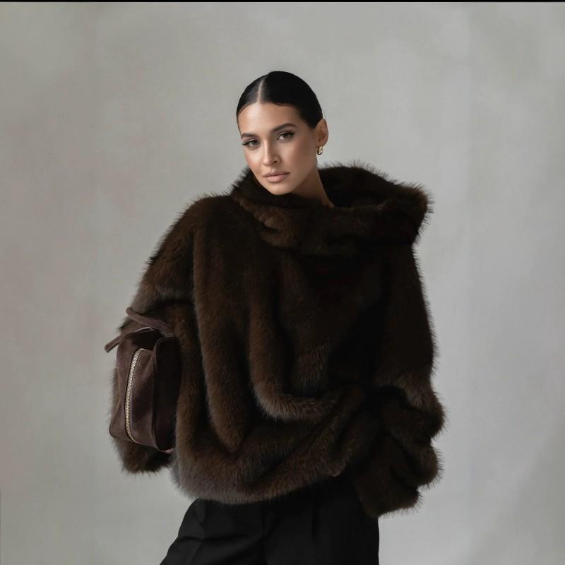 Womens Casual Brown Faux Fox Fur Hooded Coat Winter Thick Jacket Streetwear