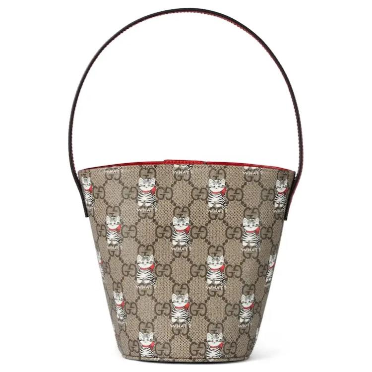 

Gucci GG Supreme Cat Print Bucket Bag Beige Red Leather Trim Shoulder Handbag for Women Daily Commute Shopping Gift 752356-FAD5G-9748 Basic Set (Bag+Dust Bag)