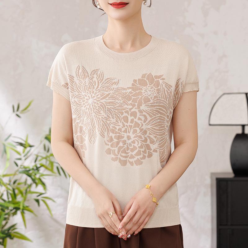 Summer Style Ice Silk Short-Sleeved T-Shirt & Knit Cardigan for Middle-Aged and Elderly Women