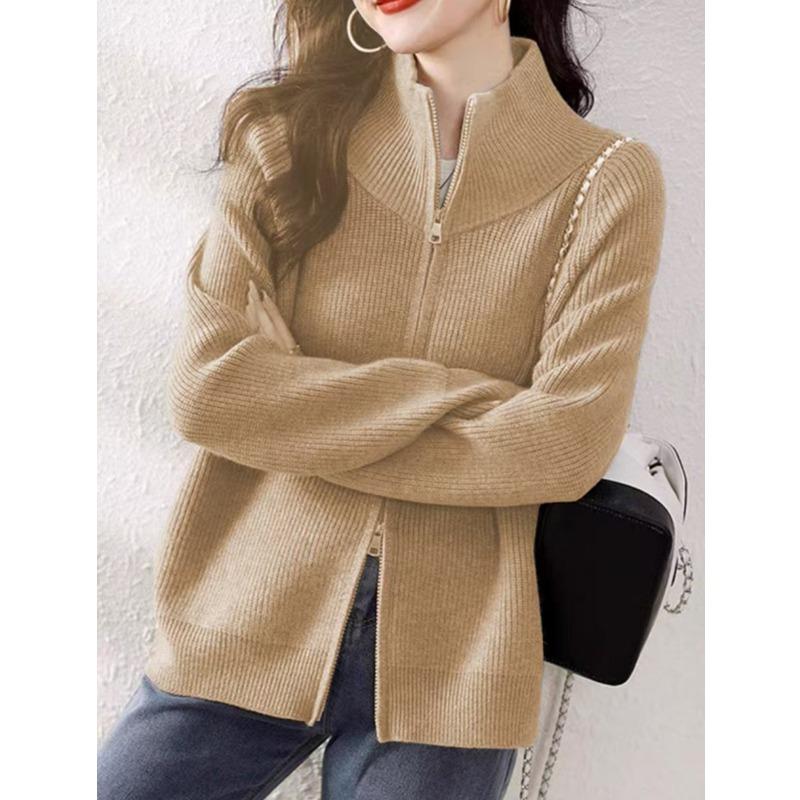 Autumn/Winter Fashion Cardigan Knitted Women Sweater Elegant Long Sleeve Zipper Loose Casual Office Top New Stand Collar Jacket