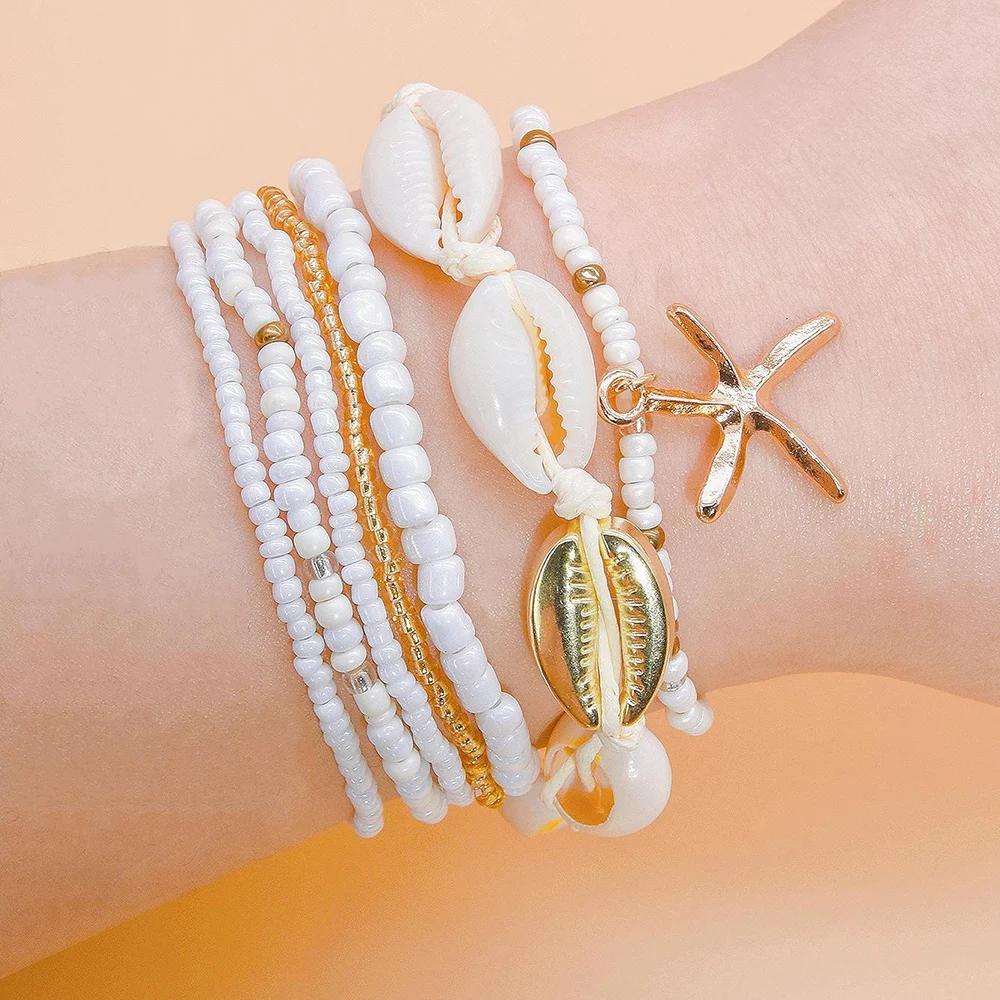 7Pcs/Set Summer Starfish Bracelet Set For Women Shell Rice Beads Elastic Chain Bangle Girls Bohemia Beach Jewelry Accessories