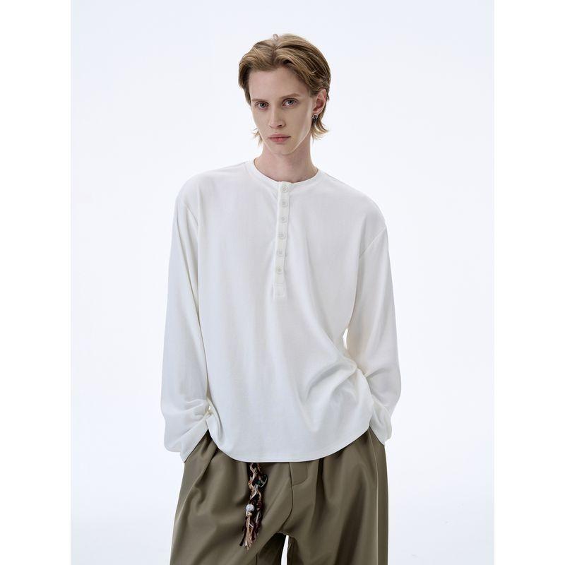 Kisko Simple American-Style Henry Collar Commuter Cleanfit Long-Sleeve T-Shirt for Men and Women, High-End Casual Base Layer Top