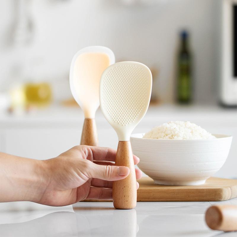 Silicone Spoon With Wooden Handle Spatula For Nonstick Pan Heat-Insulation Spoon For Rice Cooker Home Kitchen School Dormitory Practical Kitchen
